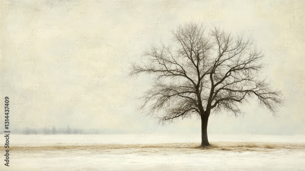 Poster solitary bare tree against softly blurred winter background with misty atmosphere and textured groun