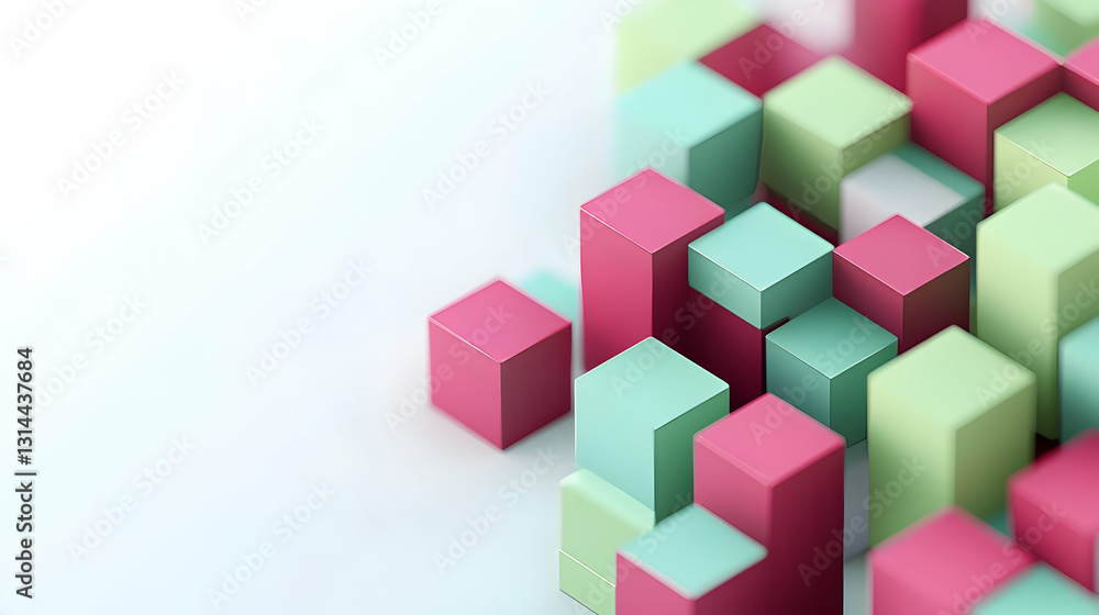 Poster abstract 3d render of colorful cubes forming geometric pattern on white background with pastel pink 