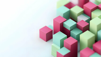 Obraz premium Abstract 3D Render of Colorful Cubes Forming Geometric Pattern On White Background With Pastel Pink and Green Blocks In Modern Minimalist Design