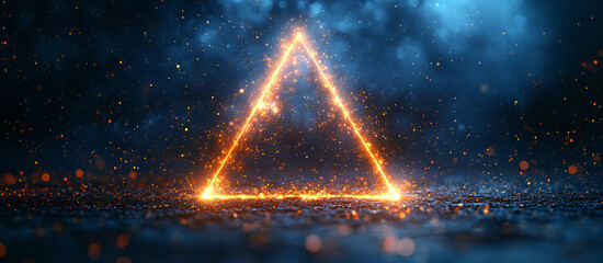 Abstract geometric triangle with glowing neon edges on dark blue gradient background, modern technology concept for digital interfaces, corporate presentations or futuristic web designs. High-resoluti