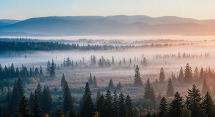 Misty morning landscape in a serene forest setting