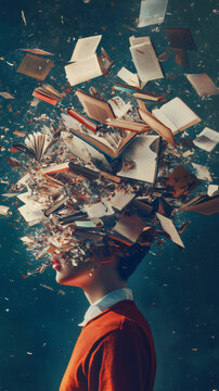 Exploding books creating information overload for young student with knowledge and education concept