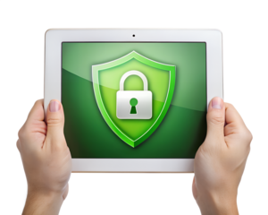 hands on a white background holding ipad. Ipad shows green shield with padlock. Online security, data protection. Image ideal for tech articles websites about cyber security