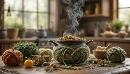 Steaming Pot of Autumnal Stew Cozy Kitchen Scene with Yarn Balls
