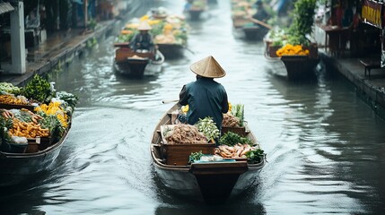 Obraz premium Floating Market Boats, Produce, Canal, Thailand