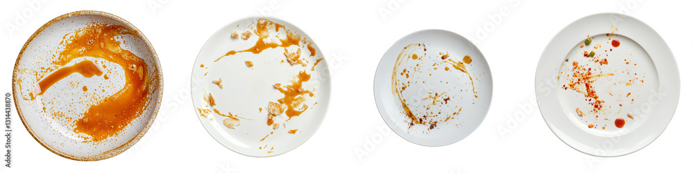 Poster a used, empty white plate is shown, displaying leftover sauce stains from a prior meal, isolated on 