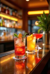 colorful cocktail ingredients artistically placed modern bar counter surrounded stylish accents, vibrant, liquor, fruit, garnish, glass, shaker, ice, herb