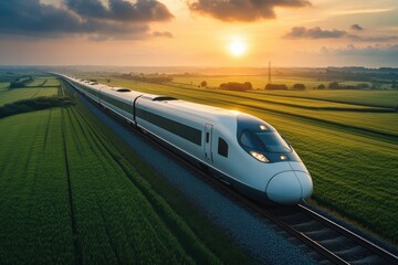 Fototapeta premium High-speed train travels through lush green fields during sunset in a modern landscape