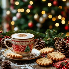 Fototapeta premium A steaming cup of cocoa next to cookies near a beautifully decorated Christmas tree. Generated AI