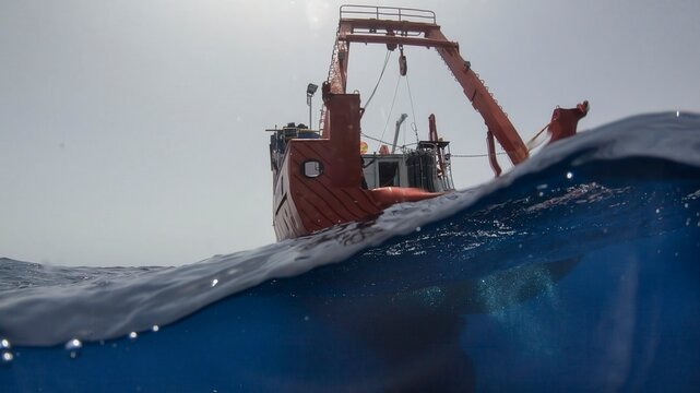 A research vessel floats over the deep blue ocean 