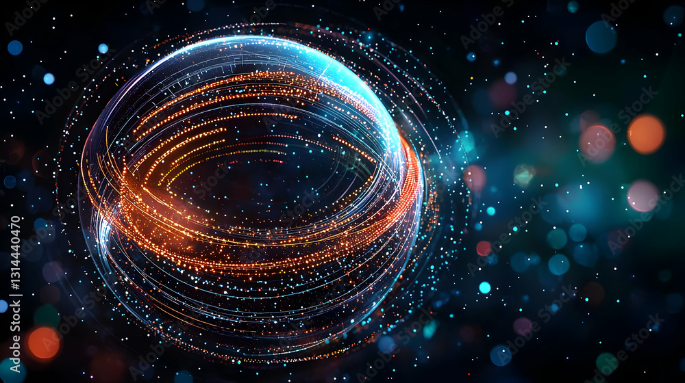 Poster abstract 3d rendered digital sphere with orange and blue particles on a dark background with bokeh e
