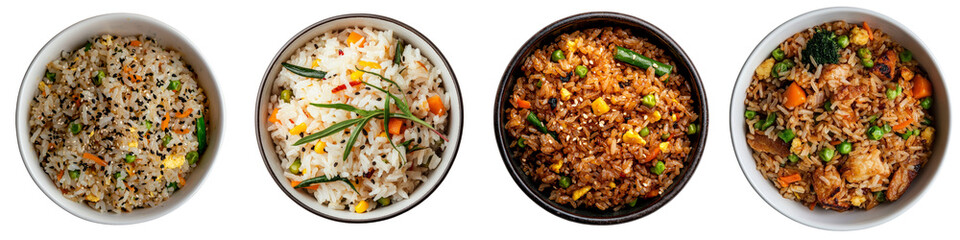 A healthy and colorful dish of vegetable fried rice in a bowl features peas, carrots, and corn, making it perfect for a main course or as a side, isolated on a transparent background and available as