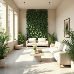 Bright sunlit living room with green wall