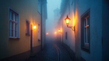 Foggy cobblestone alley, night lights, old town