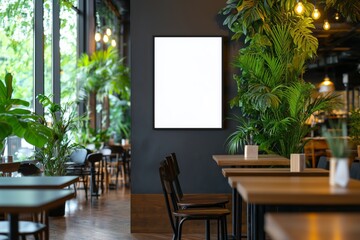 A white mockup of an empty poster on a dark wall in the interior of a coffee shop.