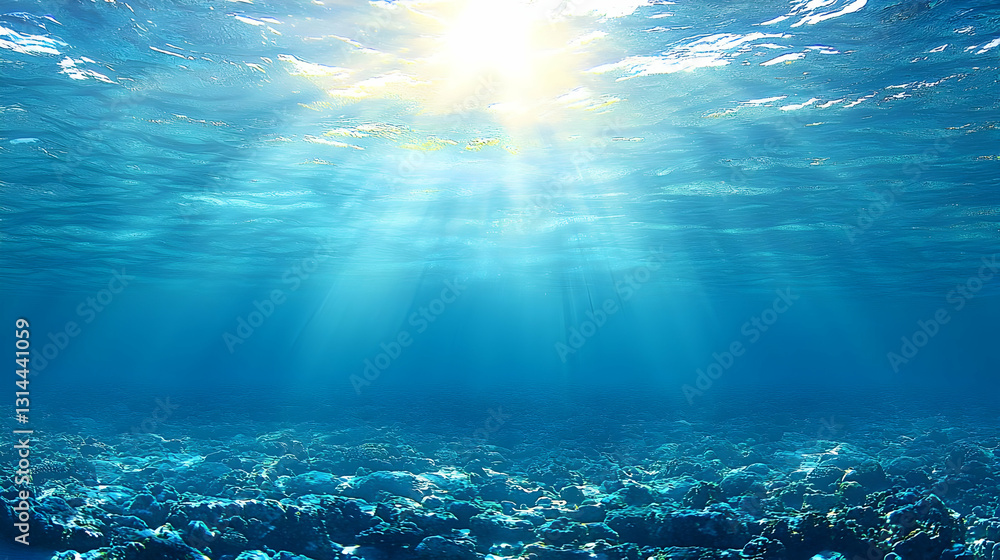 Poster underwater ocean floor illuminated by sunlight with a tranquil blue color palette and subtle ripples
