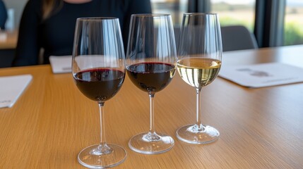 Naklejka premium Wine Tasting Three Glasses of Red and White Wine on a Light Wood Table