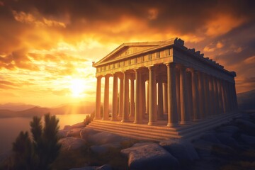 Obraz premium Majestic view of the temple of Apollo with golden sunlight, ancient ruins, the concept of Greek mythology and history.