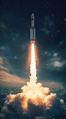 Powerful rocket ascending, piercing cloud layers, launching into vast starry darkness during interstellar exploration mission