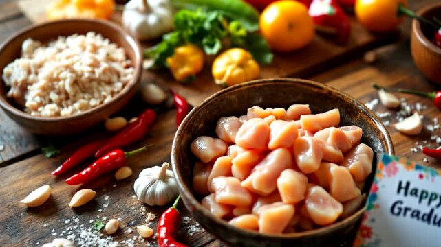 On a rustic wooden countertop, a bowl filled with raw chicken pieces sits prominently, Surrounding the bowl, scattered cloves of garlic and vibrant red chili peppers