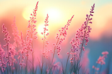 Soft blurred background of ethereal sky and tall grasses with cool blue tones, warm sunlight filtering through clouds creating tranquil nature scene. Vintage filter applied for dreamy nostalgic landsc