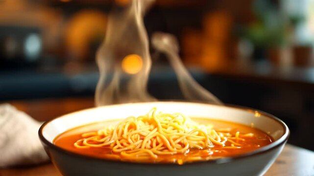 A warm, inviting shot of chicken-flavored miki flat noodle orange thick soup in a ceramic bowl, steam gently rising in soft evening light