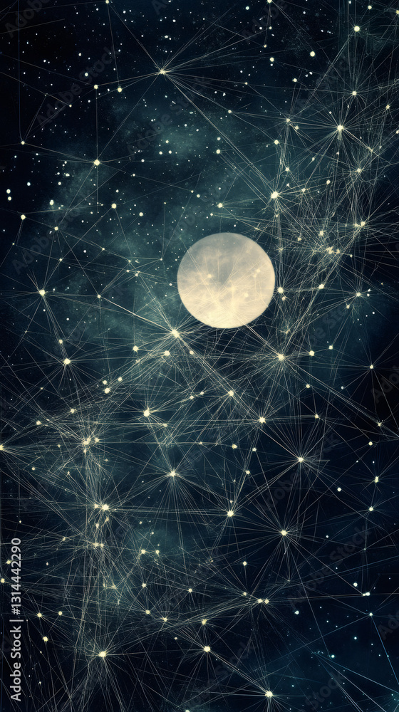 Fototapete digital network linking celestial bodies, transmitting interconnected cosmic data patterns