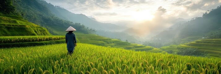 Sunrise over terraced rice paddies with farmer walking through lush green fields