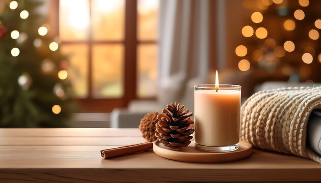 "Cozy Candle with Pinecone and Cinnamon Stick in a Warm Home Setting"