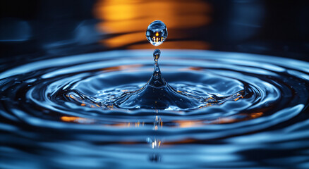 3D rendered realistic water drop creating concentric ripples on reflective liquid surface with clean negative space, minimalist blue and white color scheme for banner design, eco-friendly product pack
