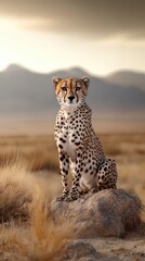 A cheetah relaxes in the glow of sunset over vast grasslands, showcasing its sleek fur and focused expression in a tranquil environment
