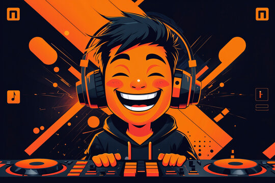 flat illustration of a banner for an entertainment channel of a smiling boy playing with an electronic console
