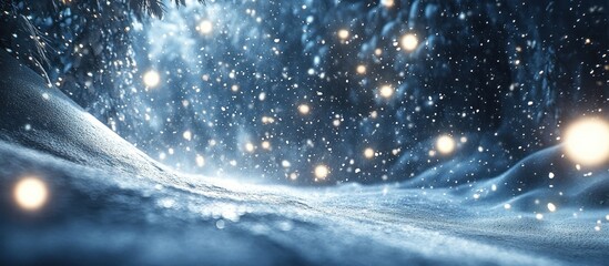 Snowy winter wonderland, falling snow, magical lights, background forest, holiday card