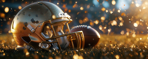 Gold football helmet and ball on grass, confetti falling.