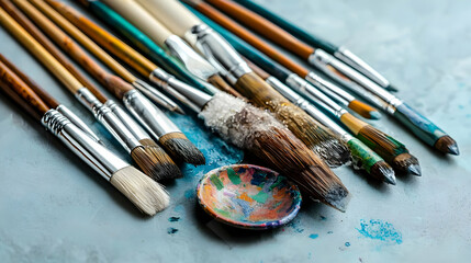 Fototapeta premium Close Up of Used Paint Brushes and a Palette with Blue Paint on a Textured Gray Surface Artistic Mess