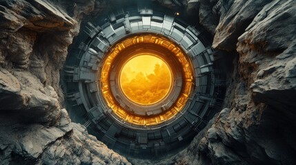 Fototapeta premium Alien portal, orange landscape, rocky cavern, futuristic device, science fiction