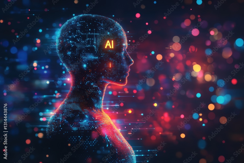 Poster exploring the intersection of artificial intelligence and human creativity through graphic design