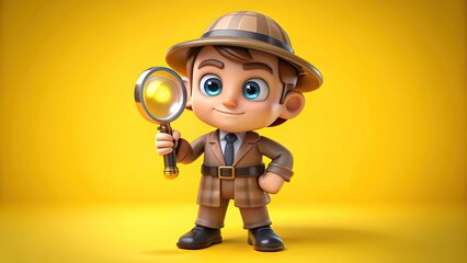 3d cute cartoon detective isolate on yellow background. Generative AI
