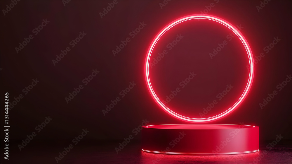 Poster red neon circle above a red podium on a dark background with subtle lighting ideal for product place
