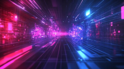 Futuristic digital tunnel, vibrant lights, speed, technology