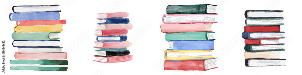 Poster a stack of books with colorful covers, illustrated by hand, is depicted on a transparent background 