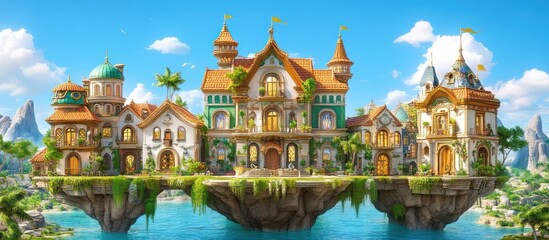 Floating Island Village Fantasy homes, tropical background, game design