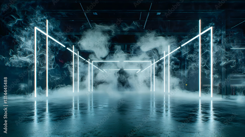 Poster dark empty hallway with glowing neon lines and white fog in a futuristic industrial setting with ref