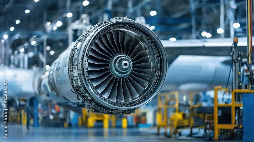 Poster Large Industrial Jet Engine Turbine With Metallic Components In Bright Workshop Setting