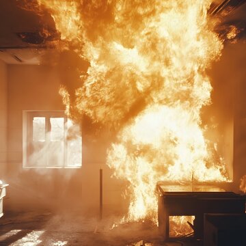 A flashover occurring inside a burning building, as heat and flames quickly spread throughout the room