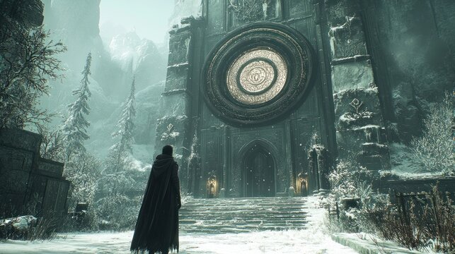 Fototapeta Mysterious snowy mountain structure, person in cloak approaches, fantasy background, game art