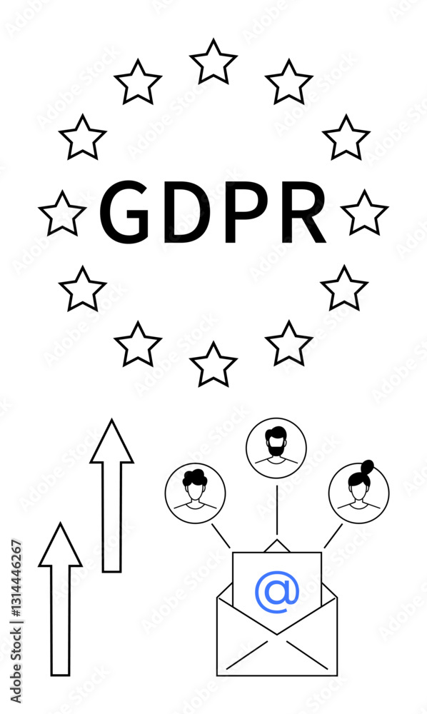 Poster gdpr surrounded by stars with an email envelope connected to user profiles, symbolizing data privacy