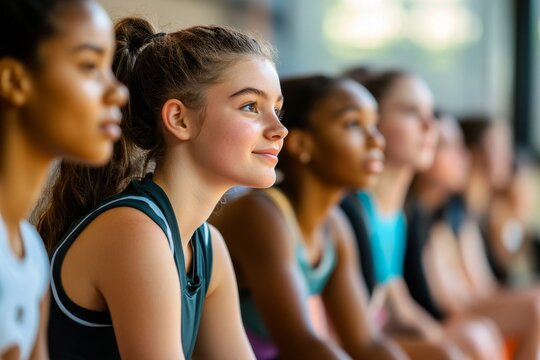 Group of diverse sporty girls sitting at sports hall - Powered by Adobe