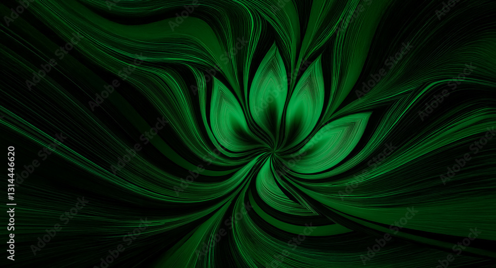 Poster elegant green abstract design featuring stylized floral or plant-like flowing shapes against a dark 