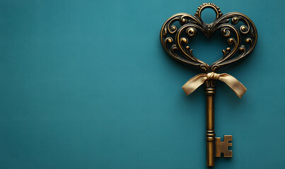 an antique heart-shaped key on a teal background.